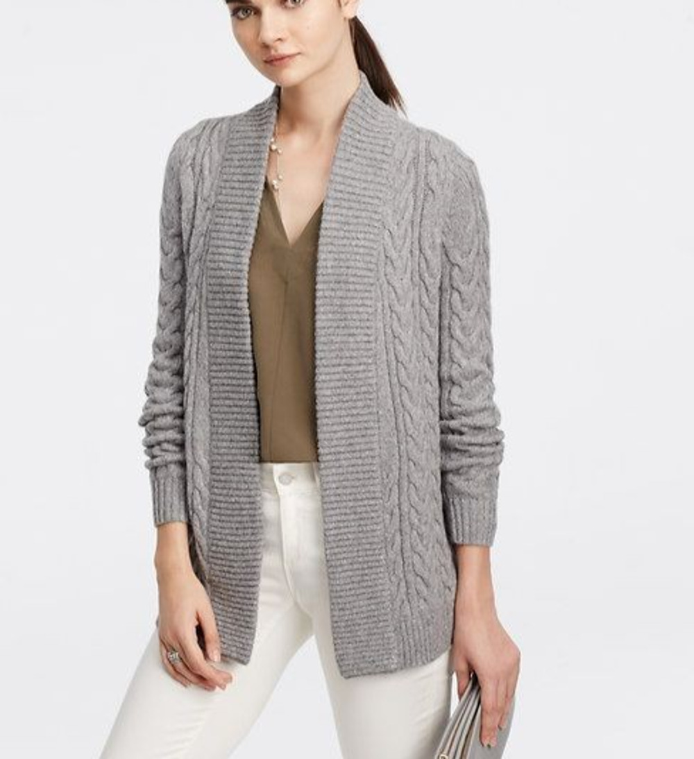 Brooks Brothers Womens Cashmere Cable Knit Open Cardigan Sweater Gray XL A010655